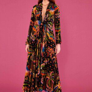 Never Worn FARM Rio Black Macaw Island Long Sleeve Maxi Dress